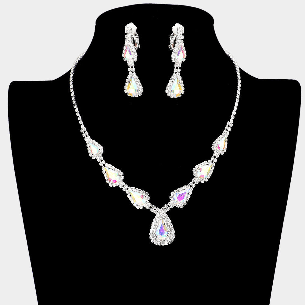 Teardrop Stone Accented Rhinestone Pave Necklace Clip on Earring Set