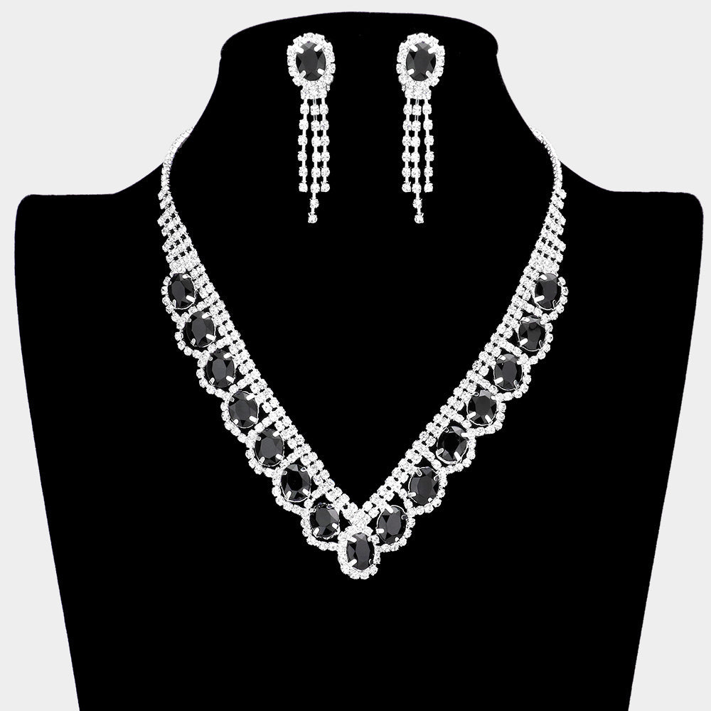 Oval Stone Accented V Shaped Rhinestone Necklace Clip on Earring Set
