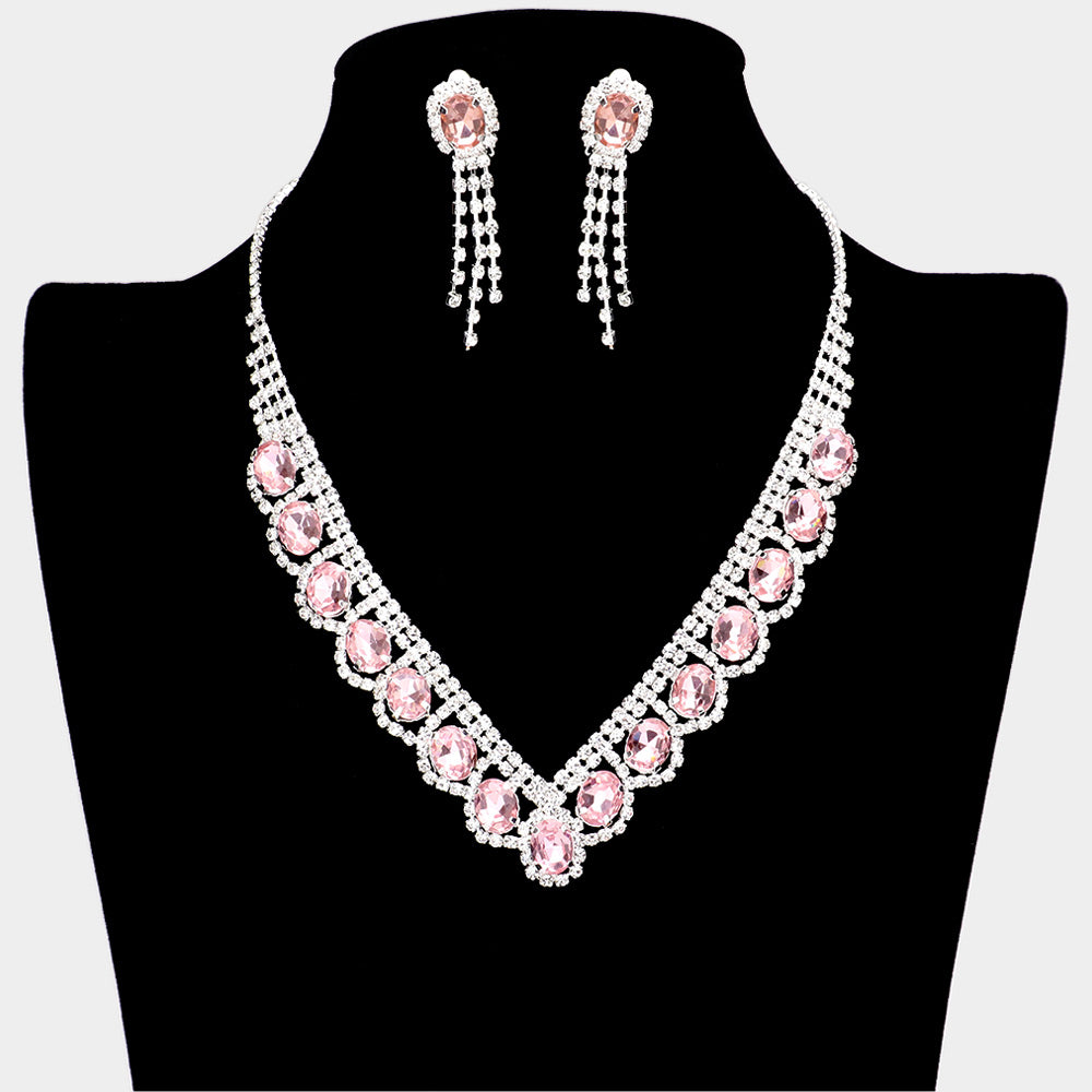 Oval Stone Accented V Shaped Rhinestone Necklace Clip on Earring Set