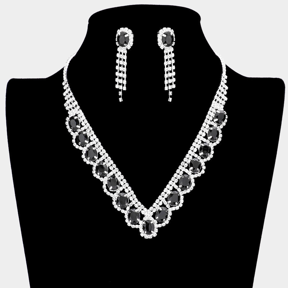 Oval Stone Accented V Shaped Rhinestone Necklace