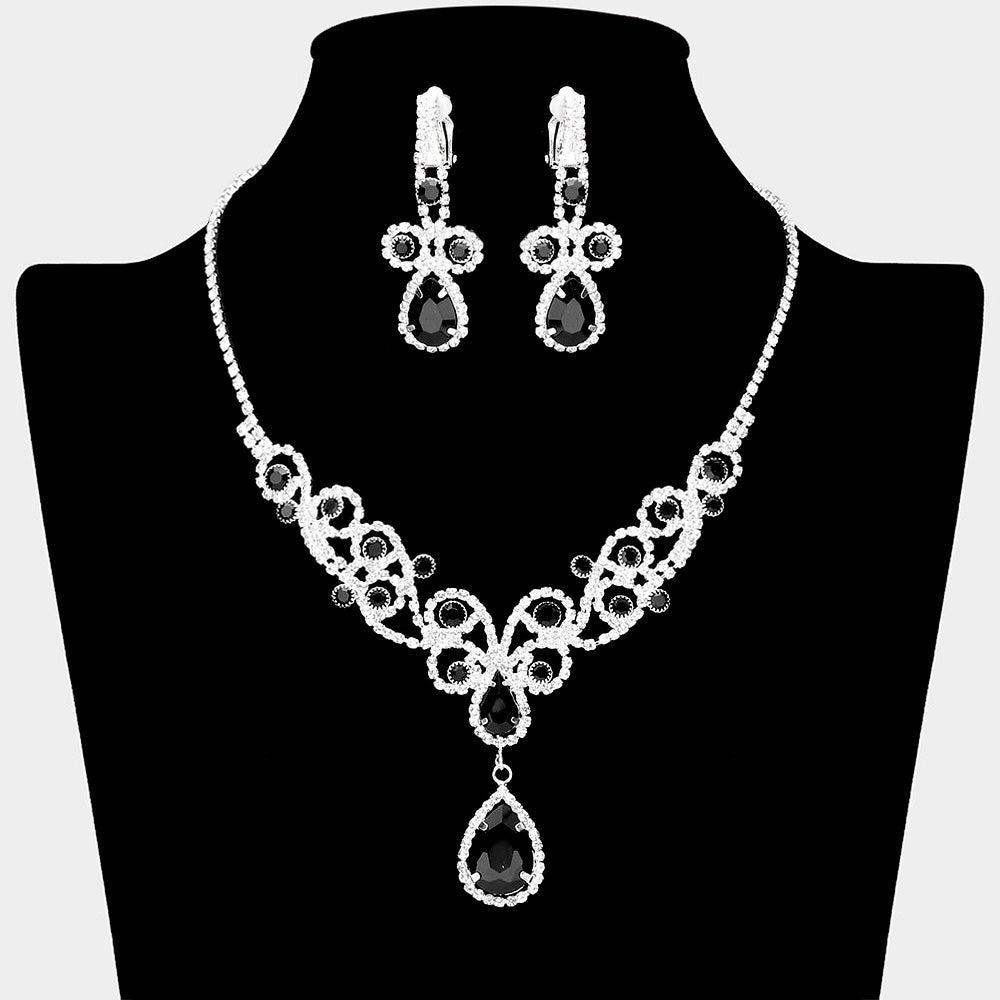 Teardrop Crystal Rhinestone Vine Drop Collar Necklace Clip on Earring Set