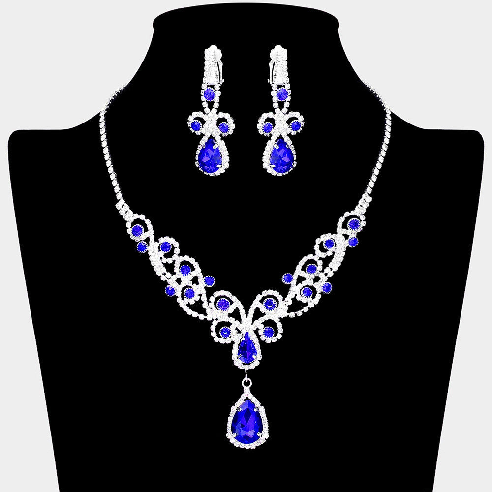 Teardrop Crystal Rhinestone Vine Drop Collar Necklace Clip on Earring Set