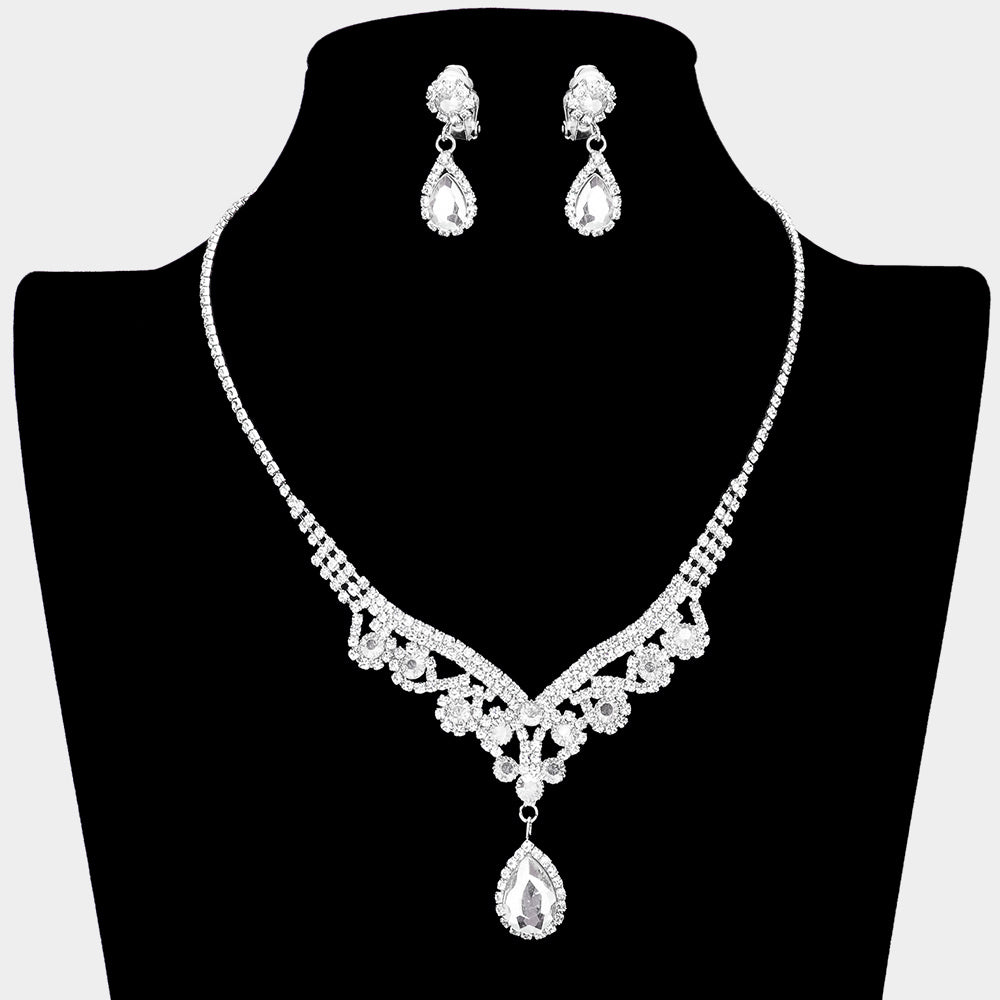 Juego de pendientes de clip y collar con diamantes de imitación y piedra en forma de lágrima