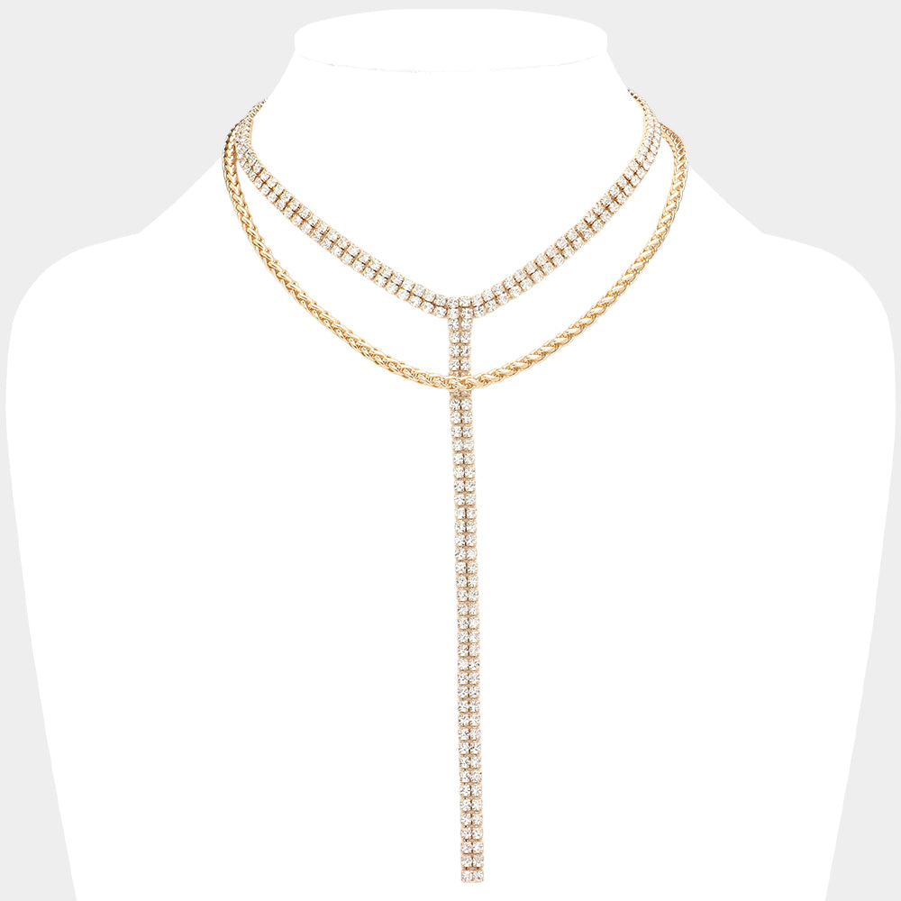 Gold Dipped Rhinestone Y Necklace