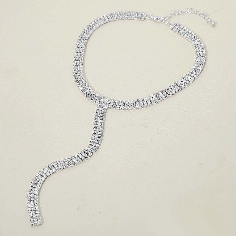 Silver Dipped Y Shaped Rhinestone Necklace