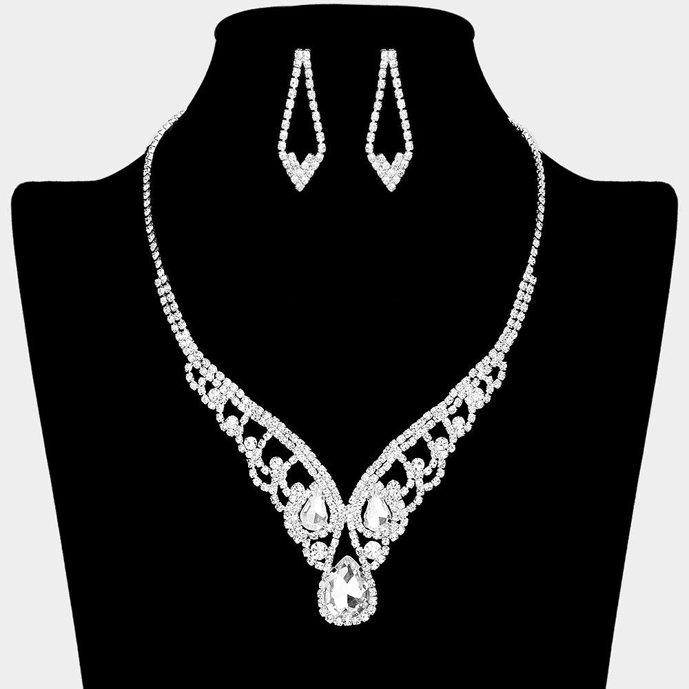 Teardrop Stone Accented Rhinestone Paved V Shape Necklace