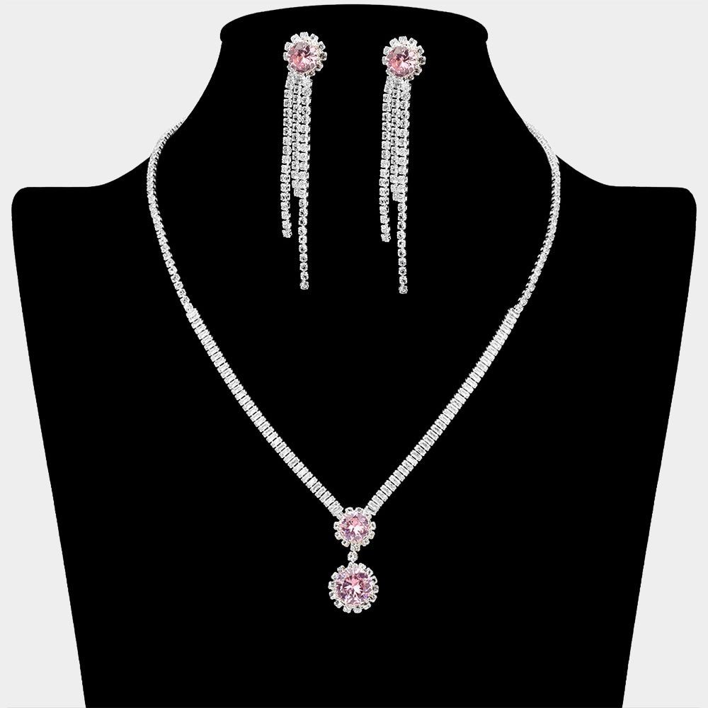 Round CZ Stone Cluster Pointed Rhinestone Paved Necklace