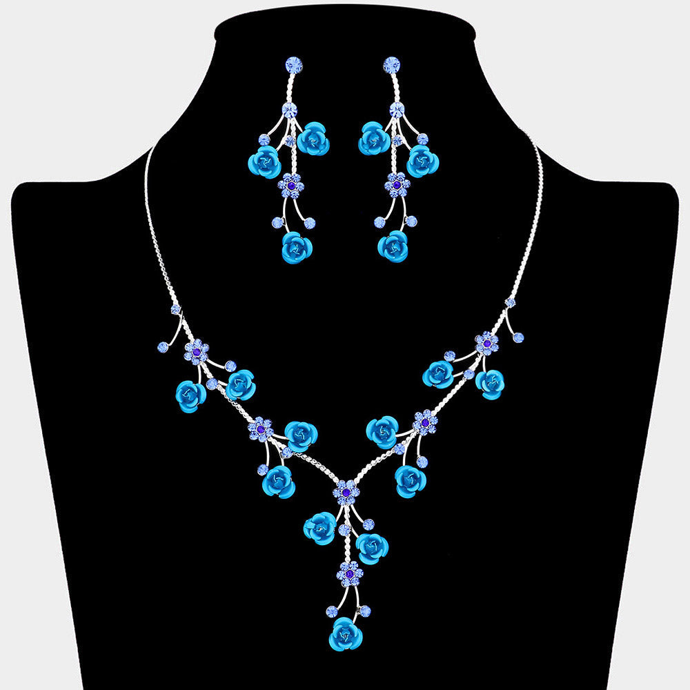 Rhinestone Embellished Rose Flower Cluster Vine Necklace