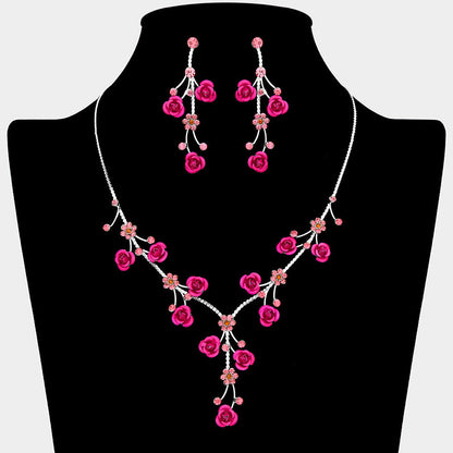 Rhinestone Embellished Rose Flower Cluster Vine Necklace