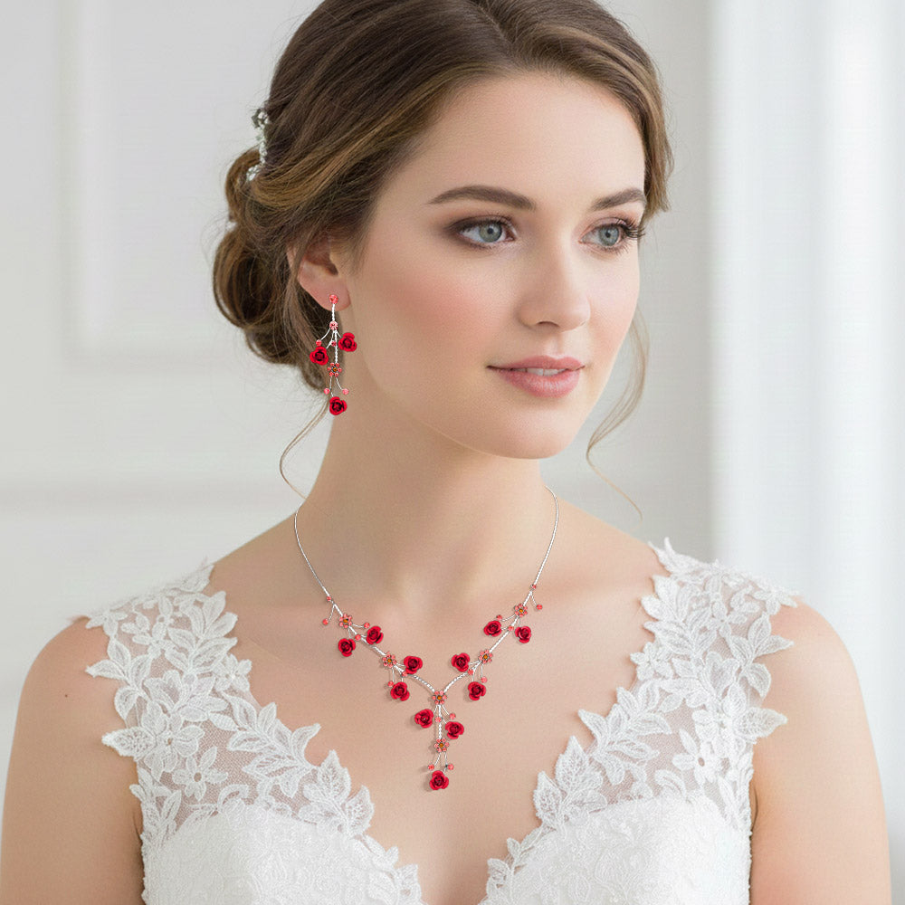 Rhinestone Embellished Rose Flower Cluster Vine Necklace