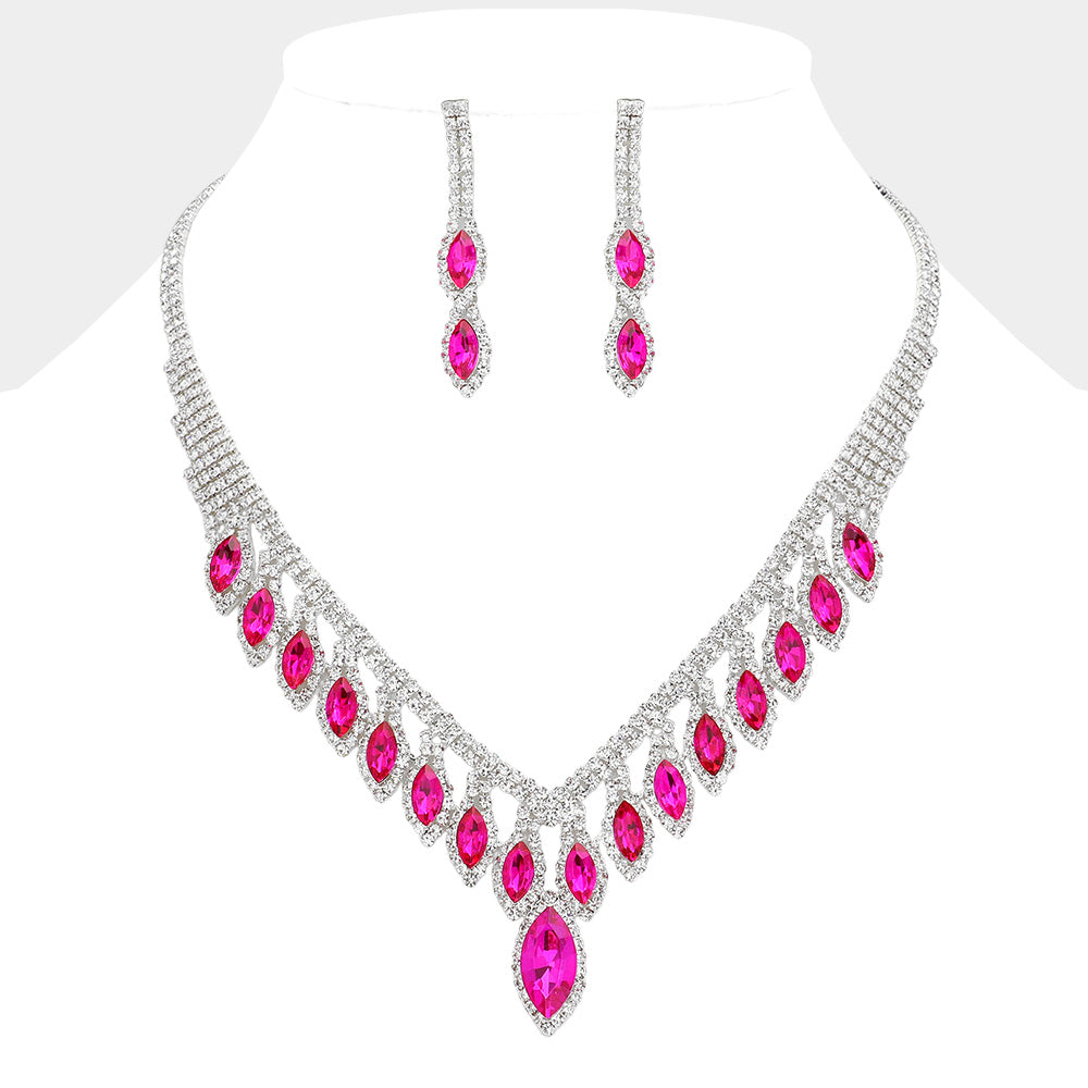 Marquise Stone Fringe Rhinestone Paved Necklace