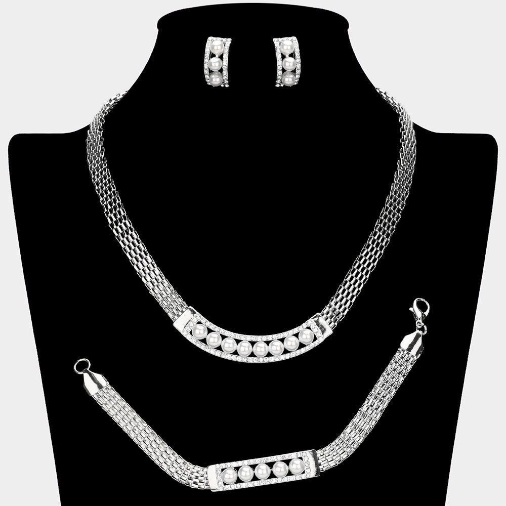 Pearl Pointed Bar Crystal Rhinestone Necklace Jewelry Set