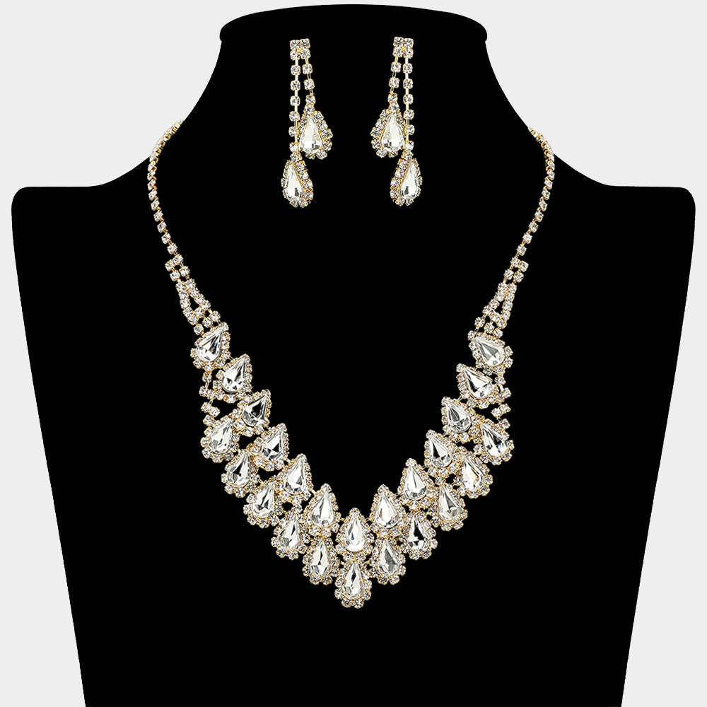 Crystal Rhinestone Teardrop Cluster Necklace