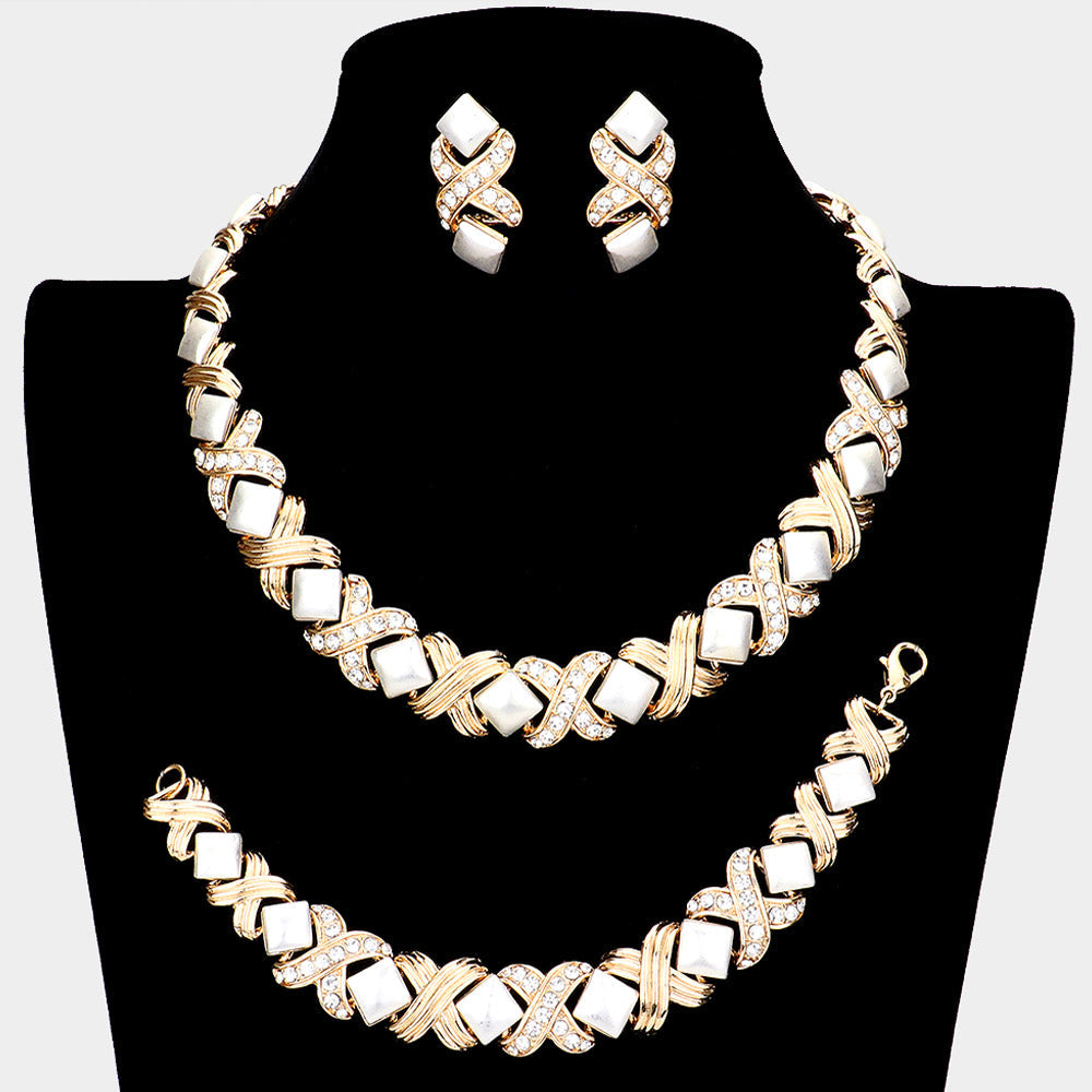 3PCS Pave Crystal Rhinestone Crisscross Necklace Jewelry Set
