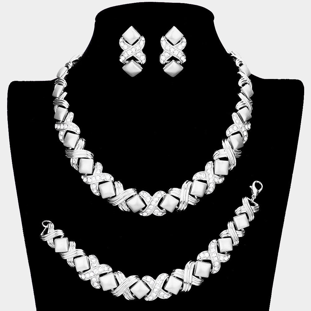 3PCS Pave Crystal Rhinestone Crisscross Necklace Jewelry Set