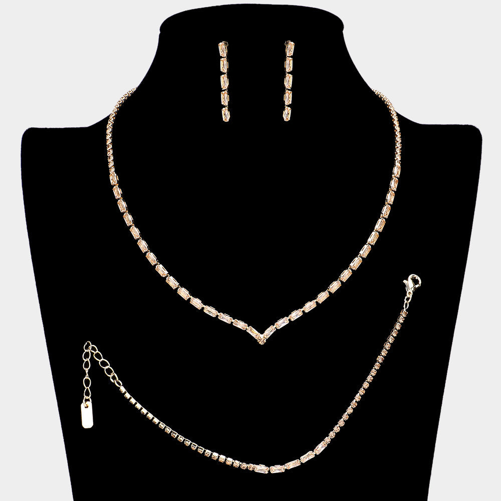 3PCS Chevron Accented Rectangle Stone Necklace Jewelry Set