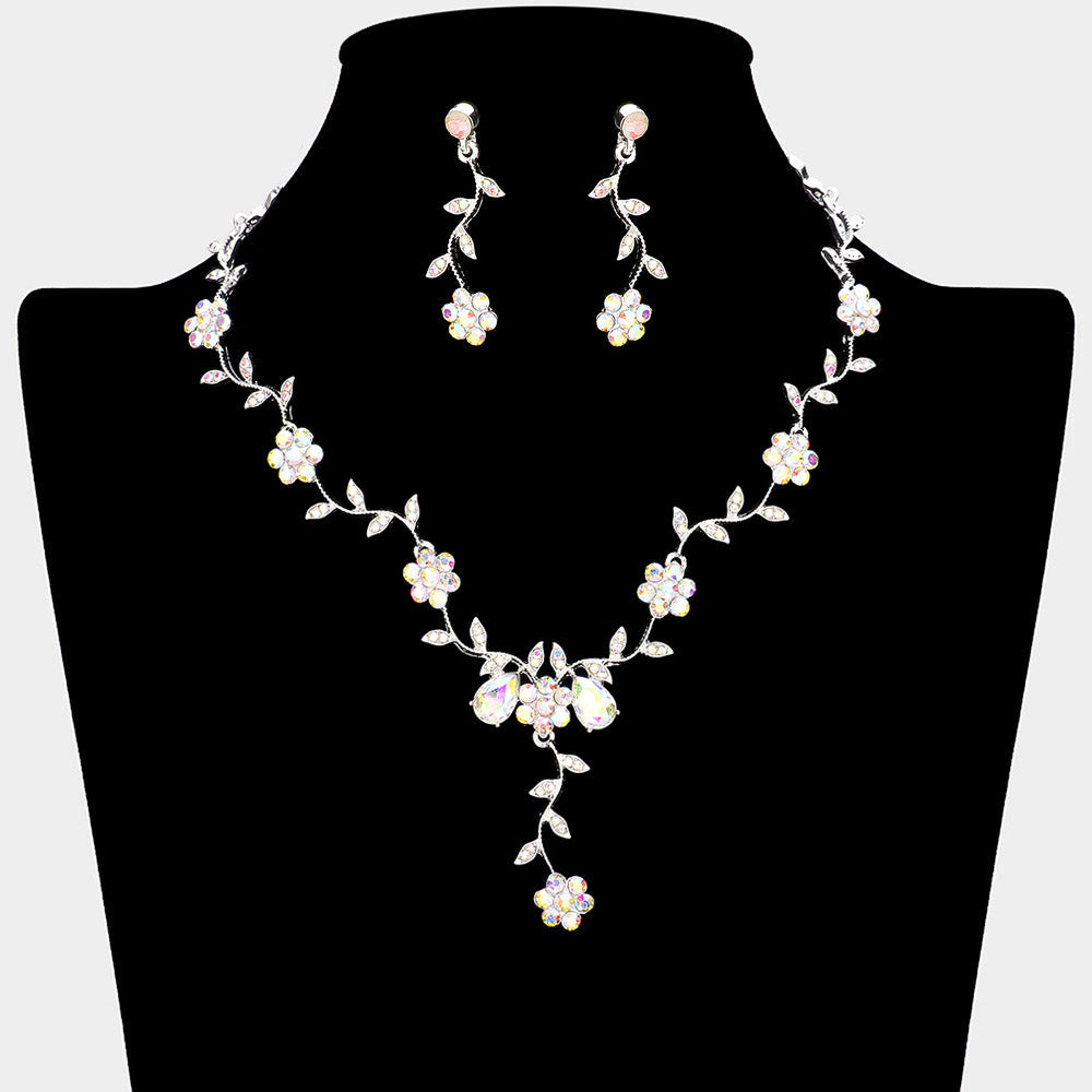 Flower Leaf Cluster Vine Rhinestone Necklace