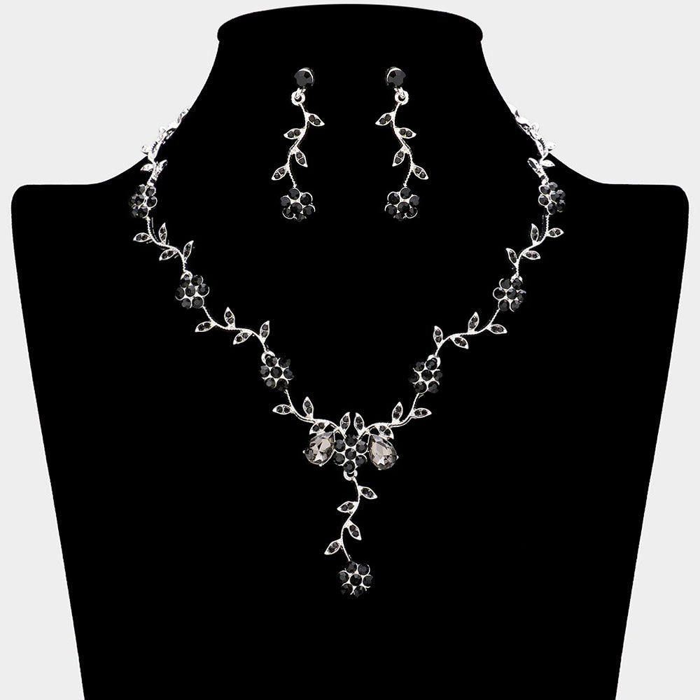 Flower Leaf Cluster Vine Rhinestone Necklace