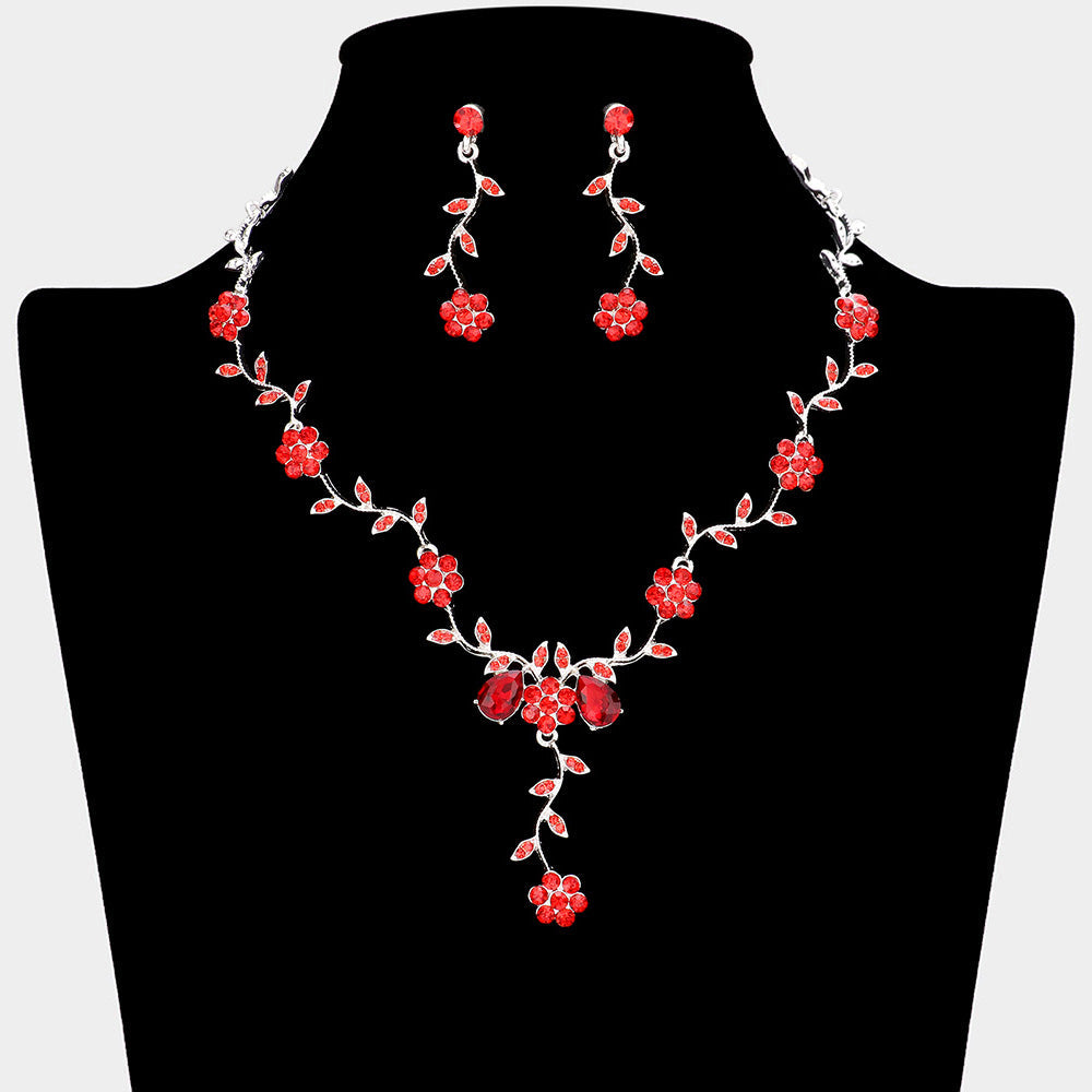 Flower Leaf Cluster Vine Rhinestone Necklace