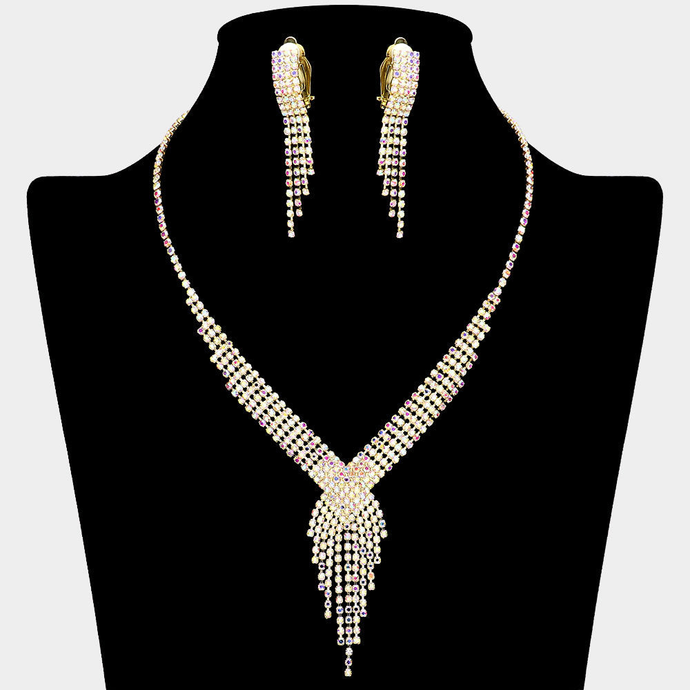 Rhinestone Pave Fringe Necklace & Clip Earring Set