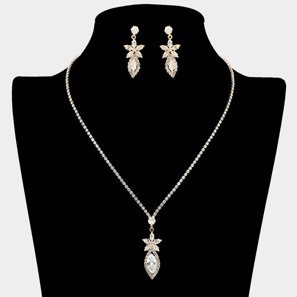 Floral Marquise CZ Stone Cluster Pendant Rhinestone Paved Necklace