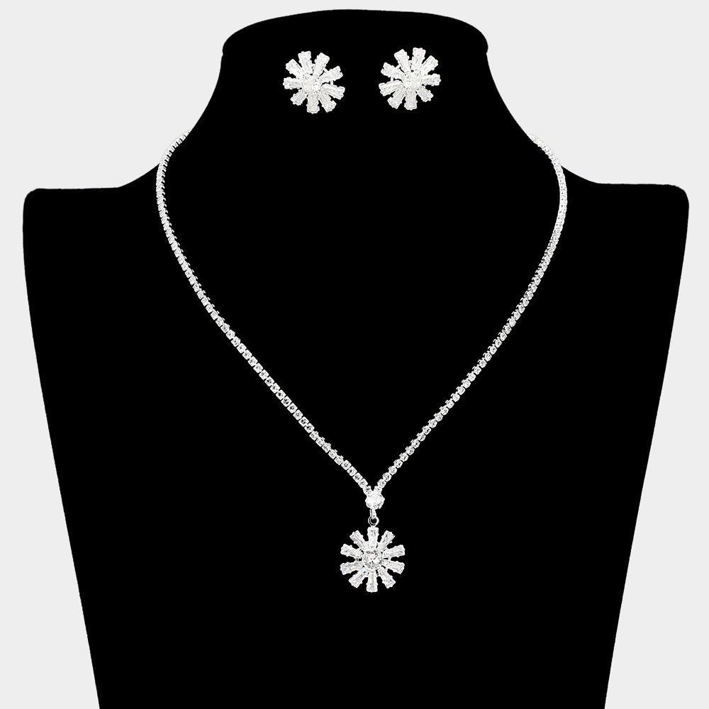 Flower CZ Stone Cluster Pendant Rhinestone Paved Necklace
