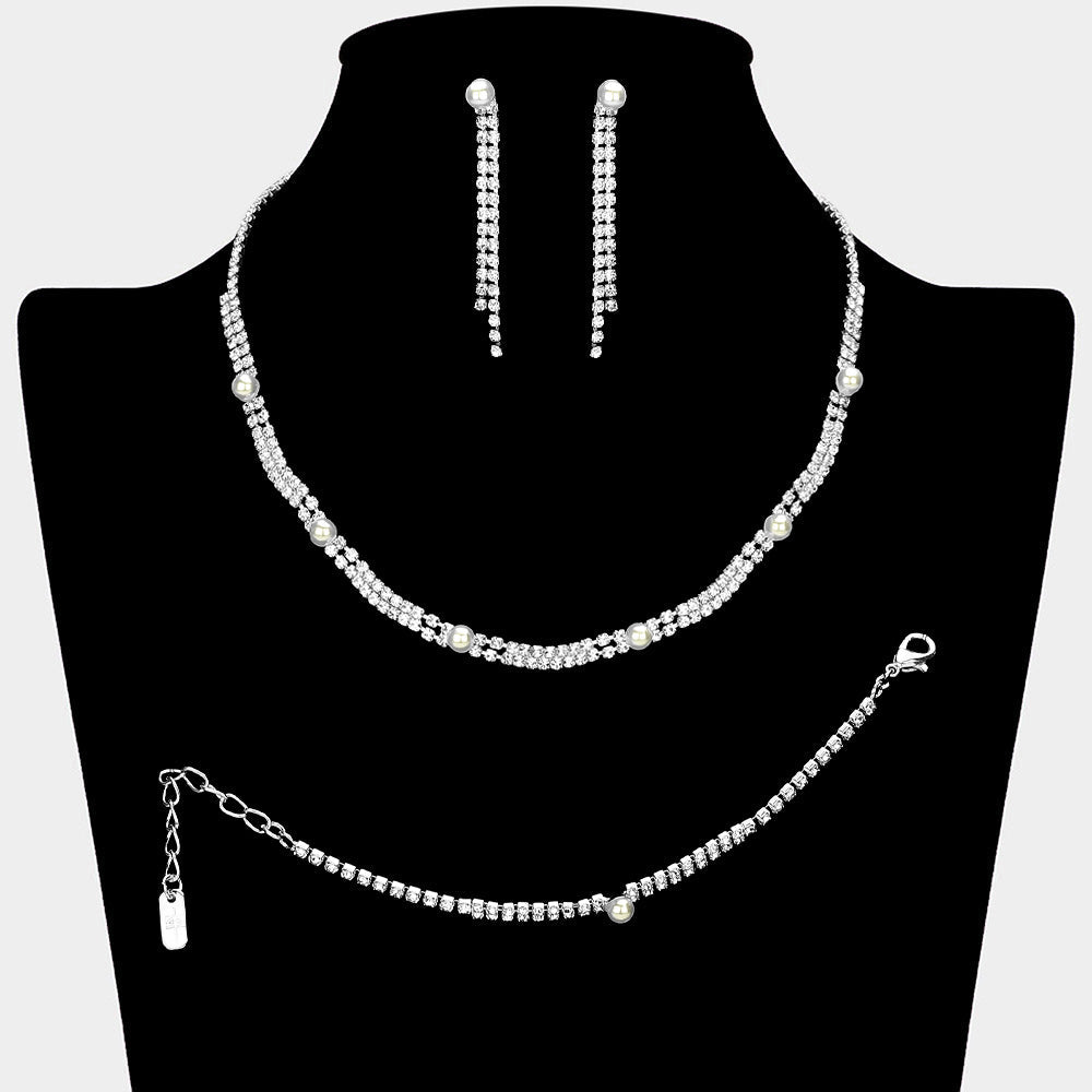 Pearl Cluster Pointed Rhinestone Paved Necklace Jewelry Set