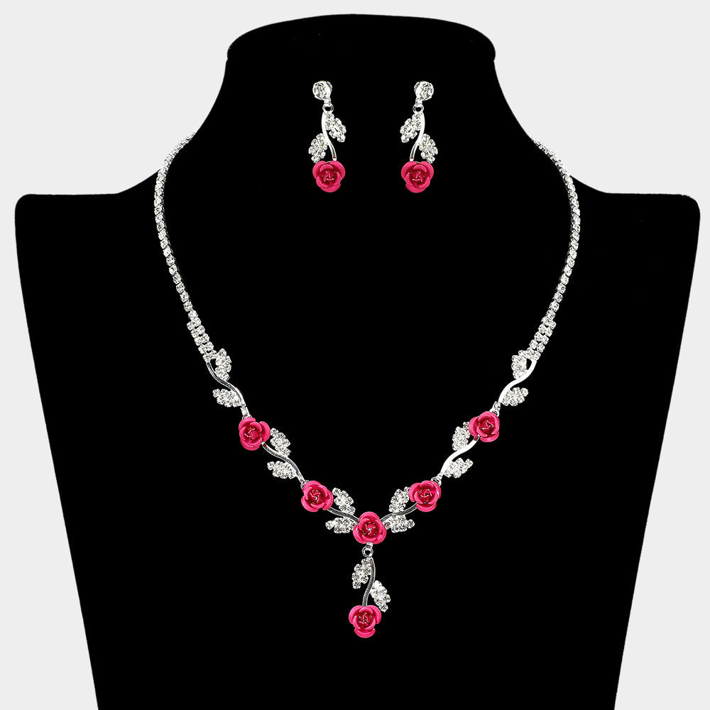Colored Rose Flower Marquise Stone Cluster Link Rhinestone Paved Necklace