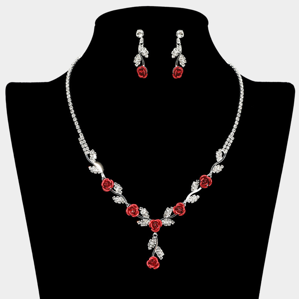 Colored Rose Flower Marquise Stone Cluster Link Rhinestone Paved Necklace