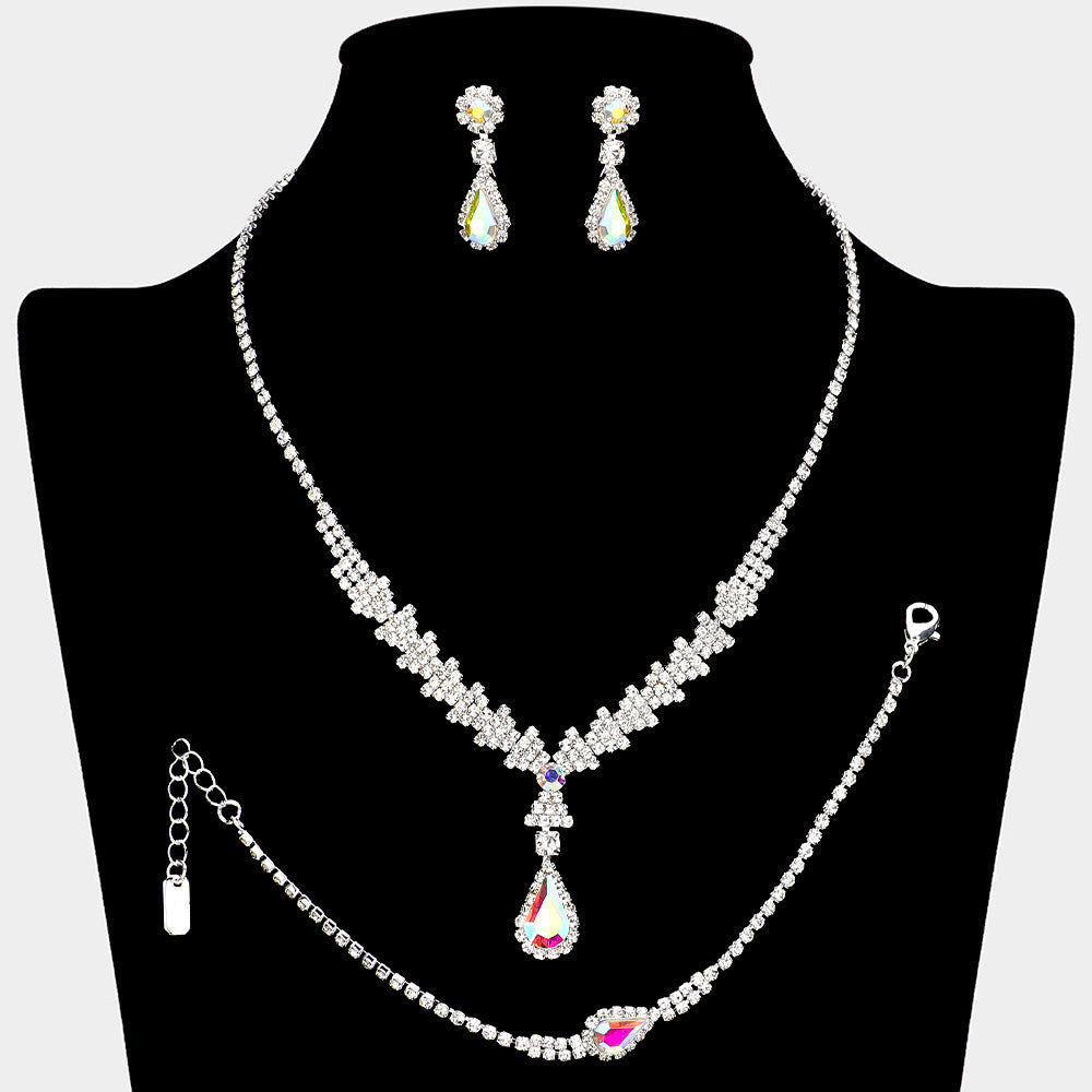 Teardrop Stone Pointed Rhinestone Paved Necklace Jewelry Set