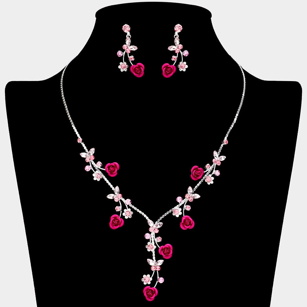 Colored Rose Vine Butterfly Stone Cluster Rhinestone Paved Necklace