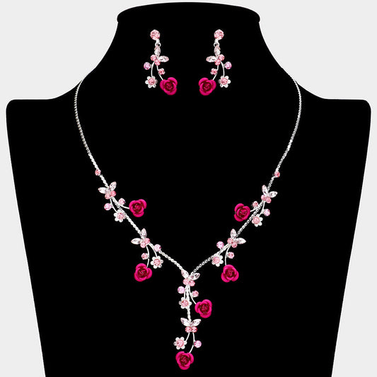 Colored Rose Vine Butterfly Stone Cluster Rhinestone Paved Necklace