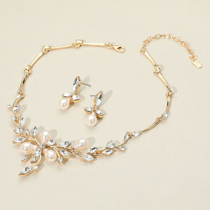 Marquise Stone Cluster Pearl Embellished Leaf Branch Necklace