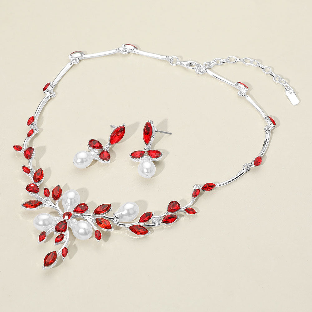Marquise Stone Cluster Pearl Embellished Leaf Branch Necklace