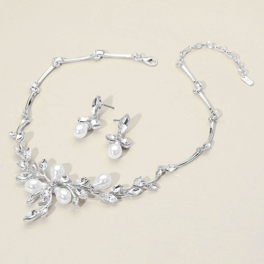 Marquise Stone Cluster Pearl Embellished Leaf Branch Necklace