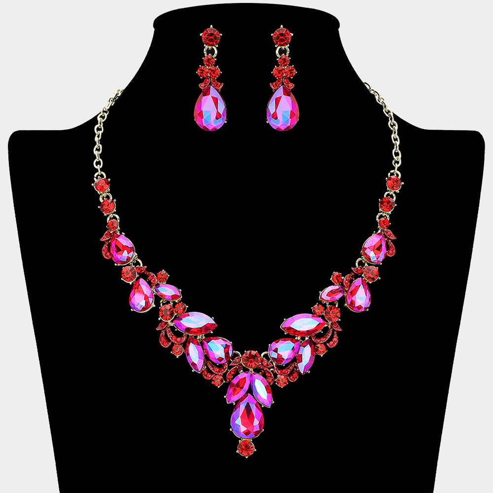 Teardrop Accent Ornate Marquise Stone Cluster Embellished Rhinestone Necklace