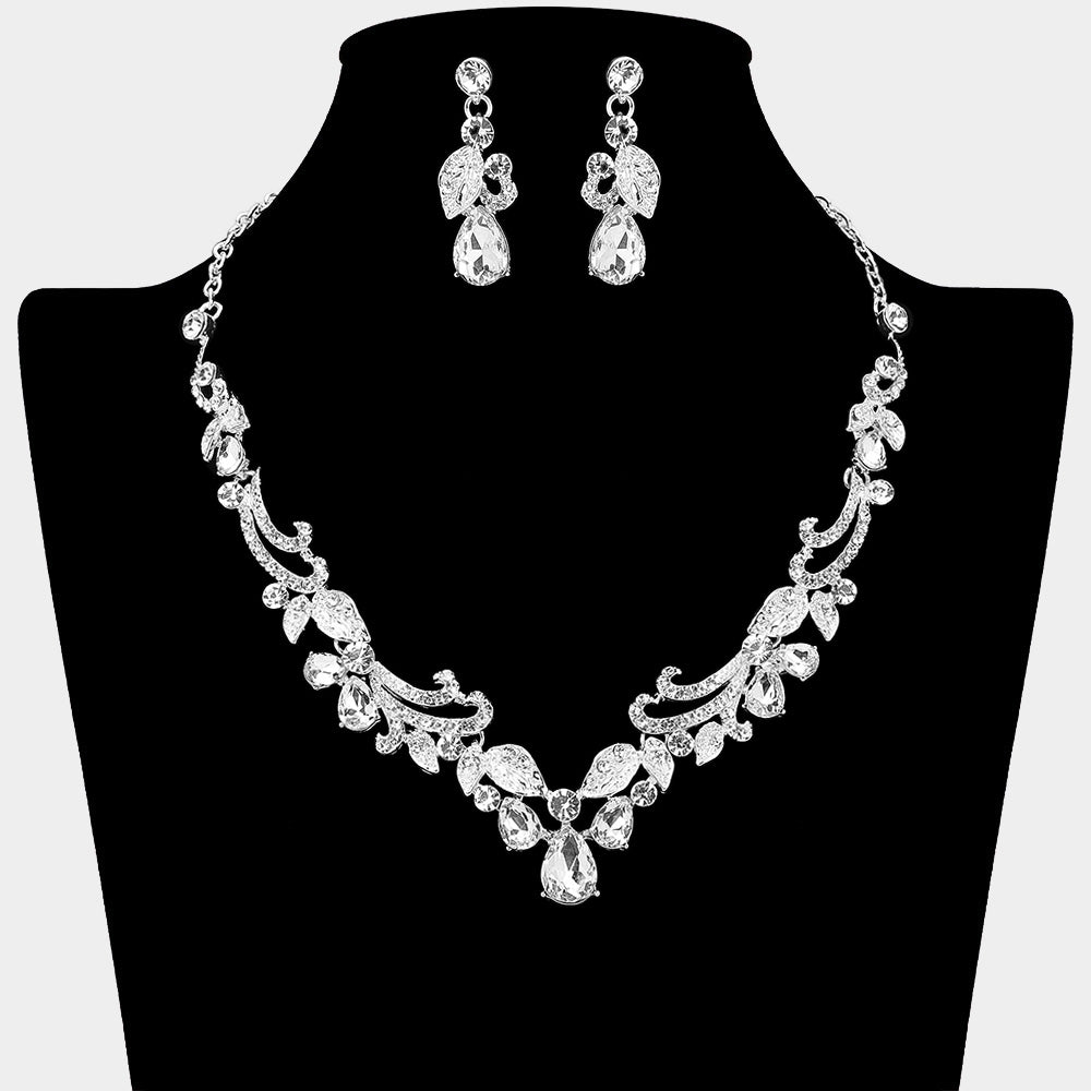 Teardrop Stone Cluster Embellished Rhinestone Paved Leaf Vine Necklace
