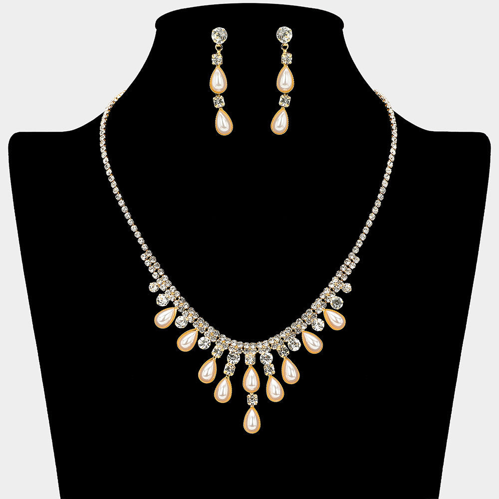 Teardrop Pearl Embellished Square Rhinestone Paved Necklace