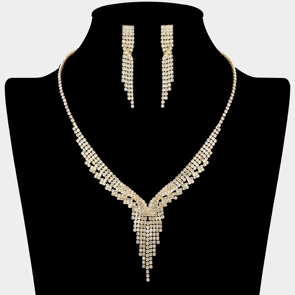 Rhinestone Paved Fringe Accent V Shaped Necklace