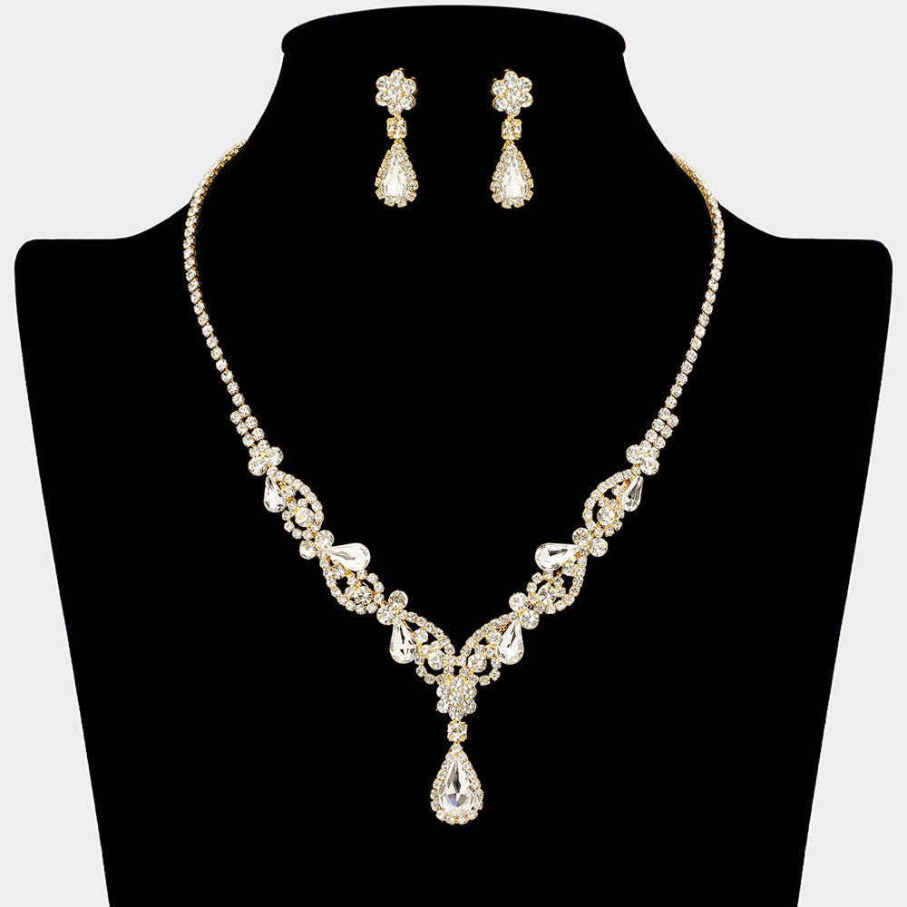 Teardrop Stone Cluster Accent Rhinestone Paved Y Shape Necklace