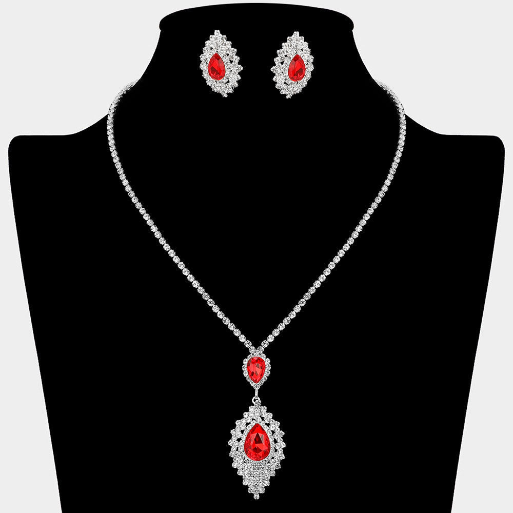Teardrop Stone Center Rhinestone Paved Pendant Accent Necklace