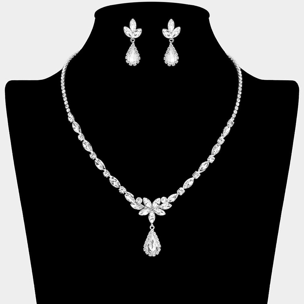 Teardrop Stone Cluster Pendant Accent Marquise Floral Rhinestone Paved Necklace