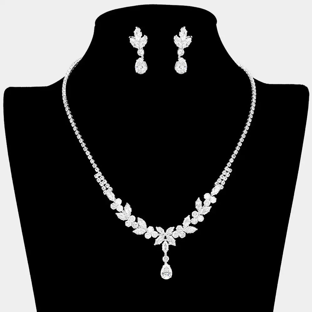 Teardrop CZ Stone Cluster Drop Floral Rhinestone Paved Necklace
