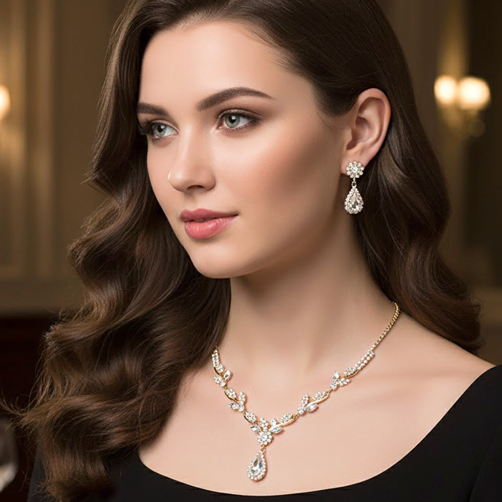 Teardrop Stone Cluster Accent Rhinestone Leaf Branch Necklace