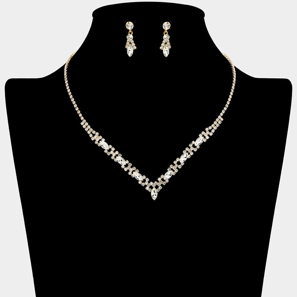 Marquise Stone Cluster Rhinestone Paved V Shape Necklace
