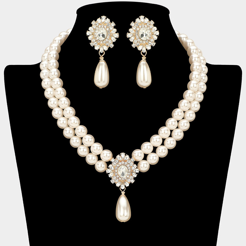 Glamours Oval Rhinestone Pendant Accent Double Strand Pearl Necklace