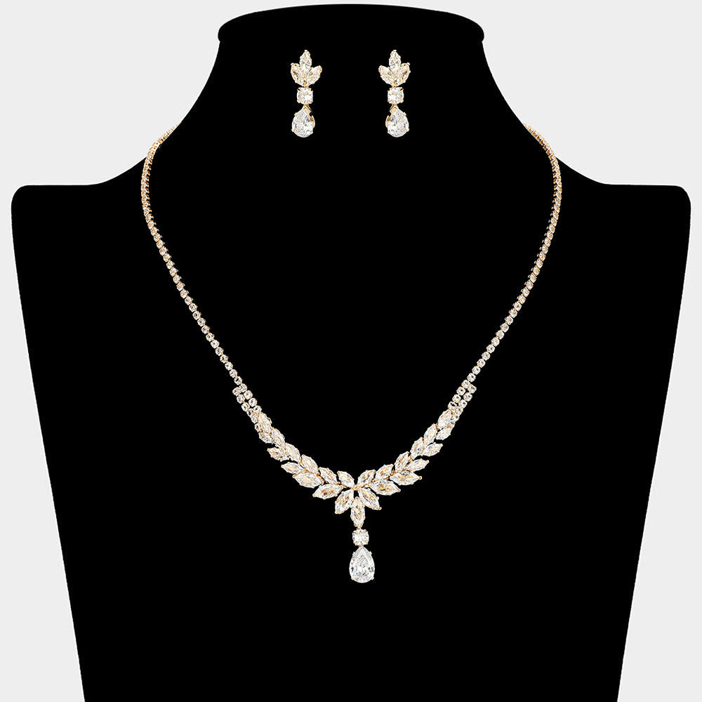 Marquise CZ Stone Cluster Leaf Motif Necklace