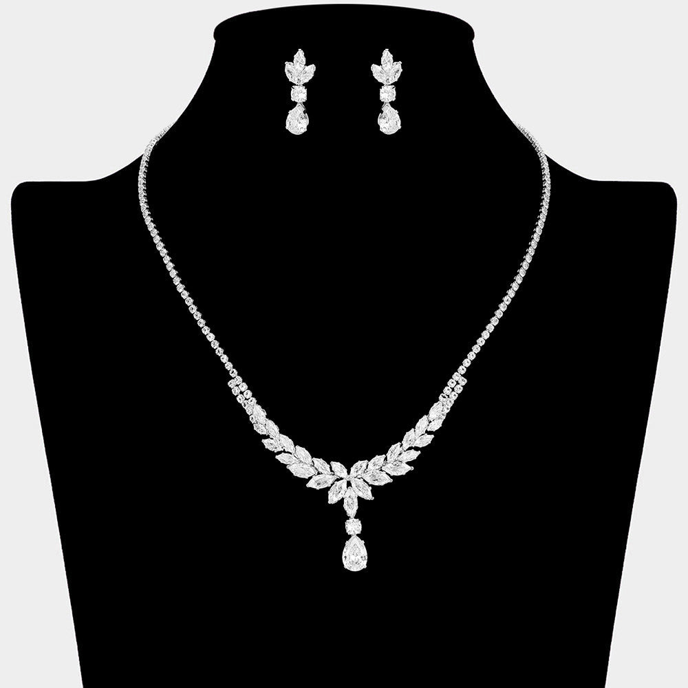 Marquise CZ Stone Cluster Leaf Motif Necklace