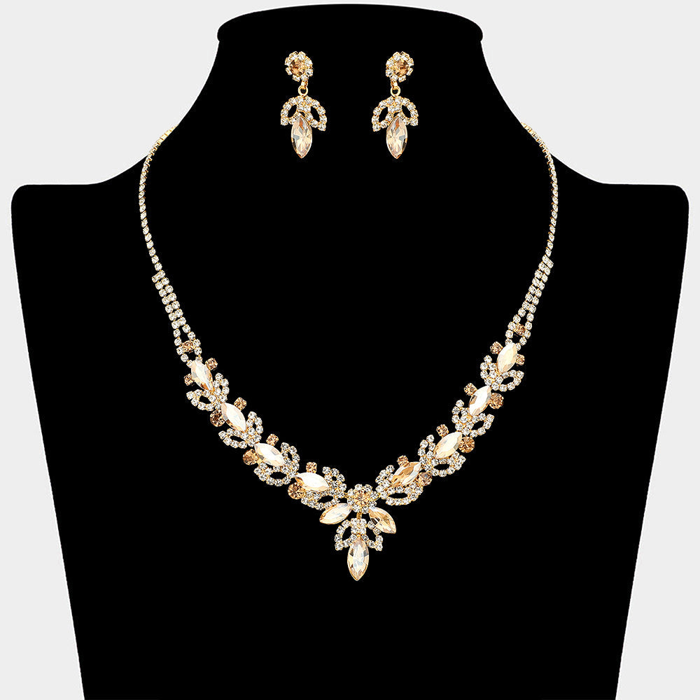 Marquise Stone Cluster Leaf Drop Rhinestone Paved Necklace