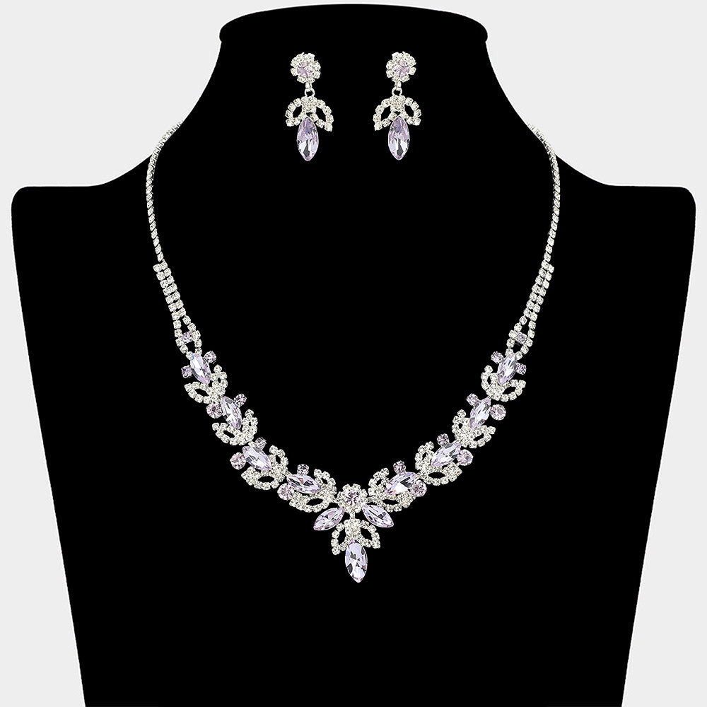 Marquise Stone Cluster Leaf Drop Rhinestone Paved Necklace